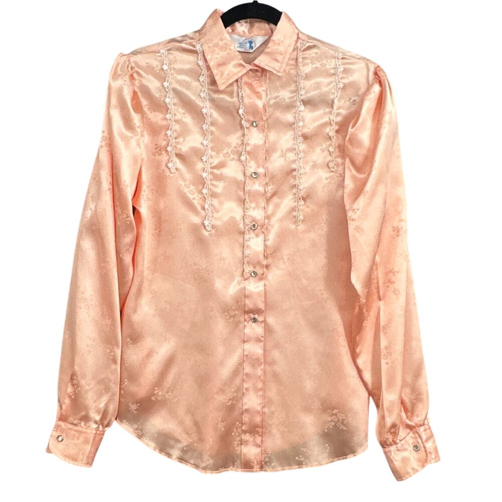 VTG Western Satin Pearl Snap Shirt M Floral Lace Trim Cowgirl Rodeo Cottagecore